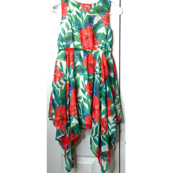 Girls Easter Dress Childs 8 Yrs White Red Hibiscus Flowers Leaves Summer Spring - Picture 1 of 10